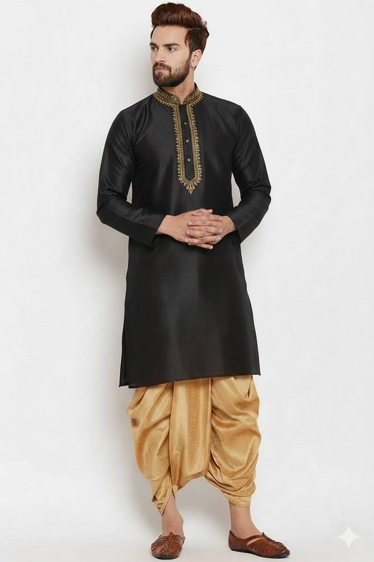Black embroidery dupion silk kurta set