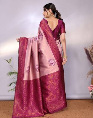 peach wine silk blend banarasi saree with unstitched blouse piece 5
