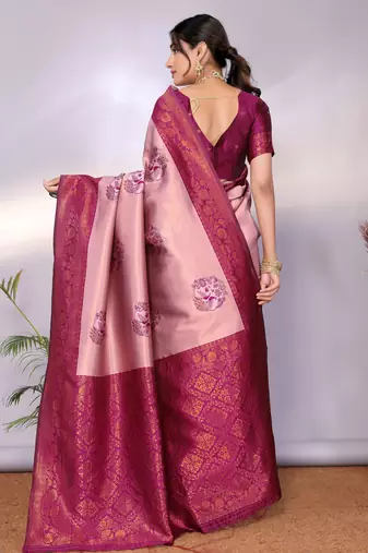 peach wine silk blend banarasi saree with unstitched blouse piece