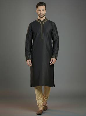 Black embroidery dupion silk kurta set 1