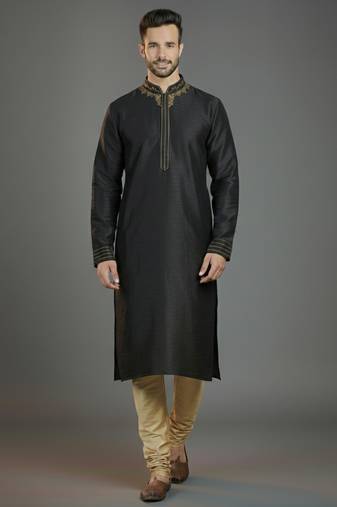 Black embroidery dupion silk kurta set