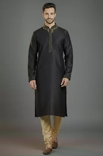 Black embroidery dupion silk kurta set
