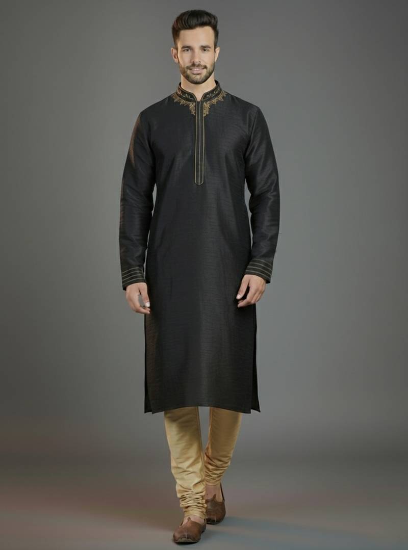 Black embroidery dupion silk kurta set
