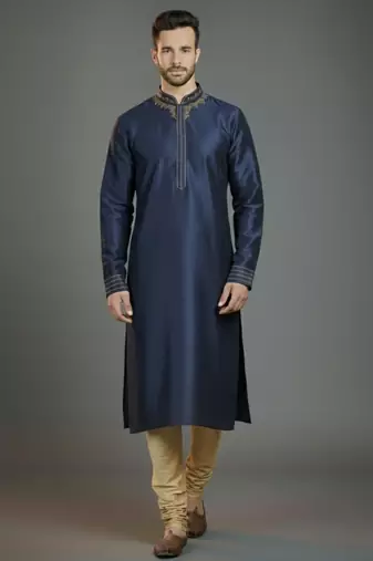 Navy embroidery dupion silk kurta set