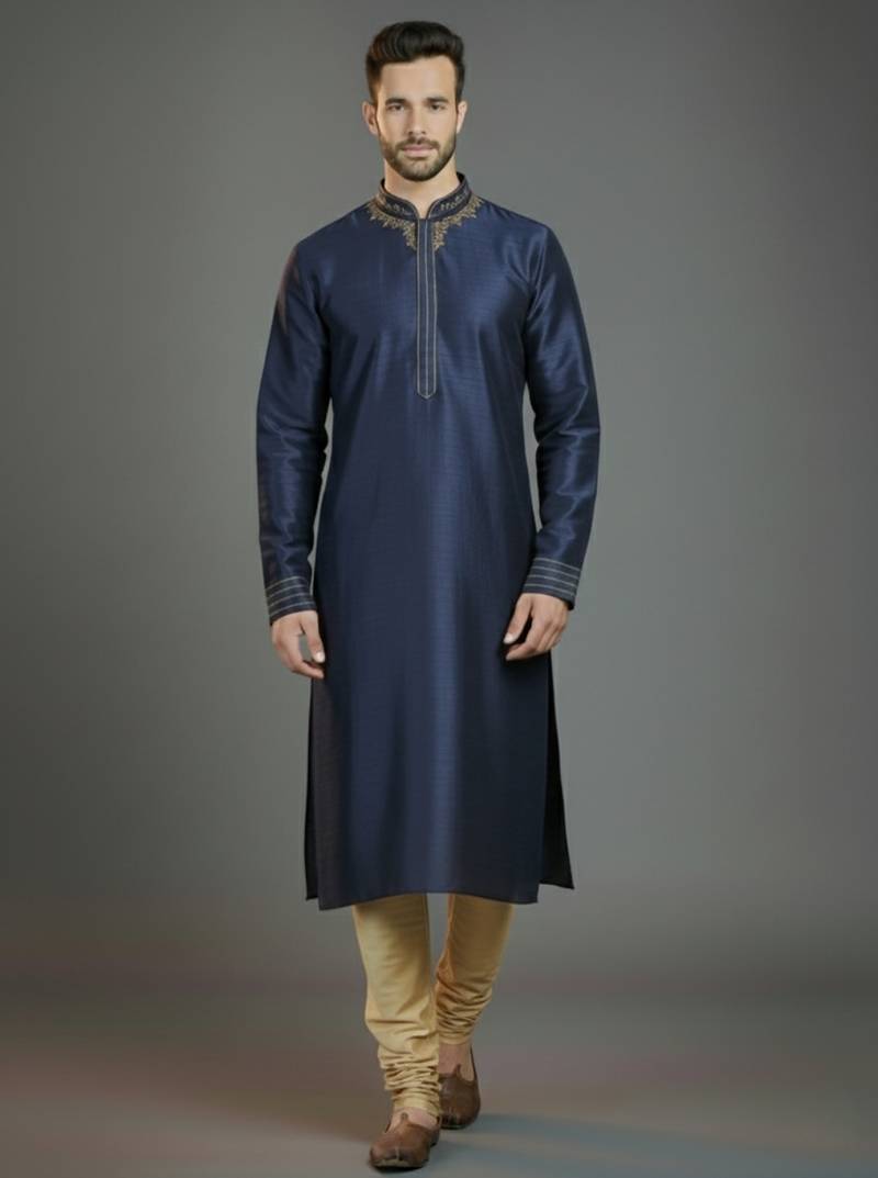 Navy embroidery dupion silk kurta set