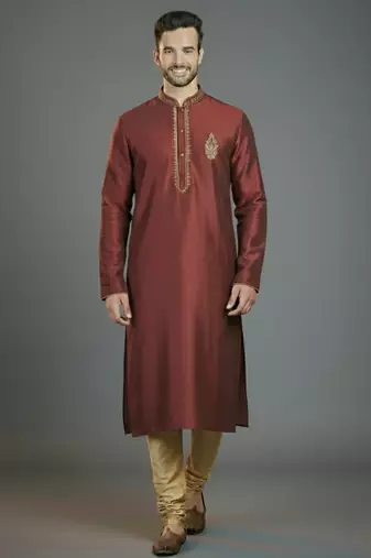Maroon embroidery dupion silk kurta set