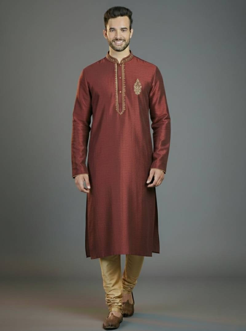 Maroon embroidery dupion silk kurta set