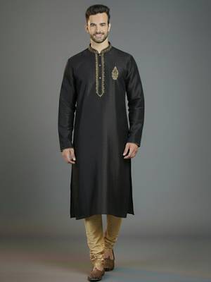 Black embroidery dupion silk kurta set 1