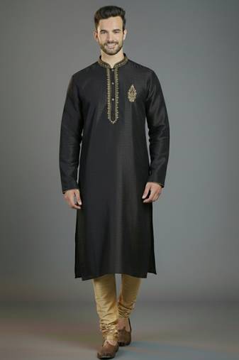 Black embroidery dupion silk kurta set