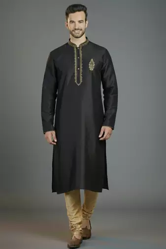Black embroidery dupion silk kurta set