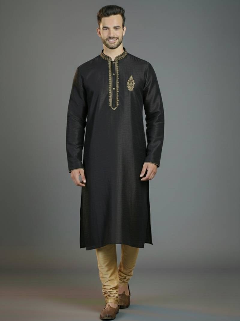 Black embroidery dupion silk kurta set