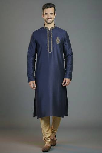 Navy embroidery dupion silk kurta set