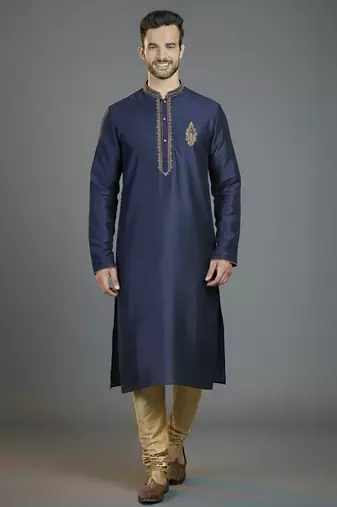 Navy embroidery dupion silk kurta set