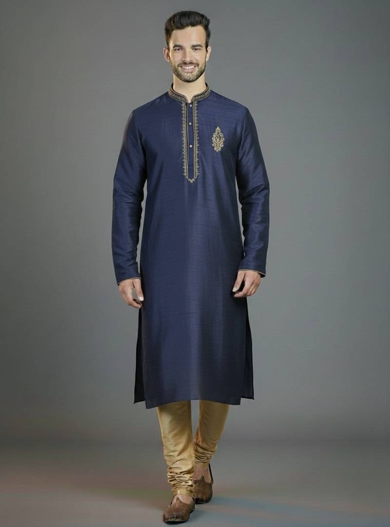 Navy embroidery dupion silk kurta set
