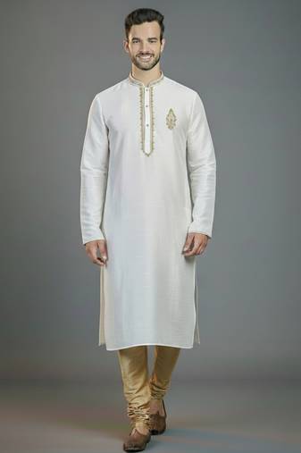 White embroidery dupion silk kurta set