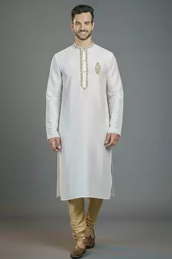 White embroidery dupion silk kurta set