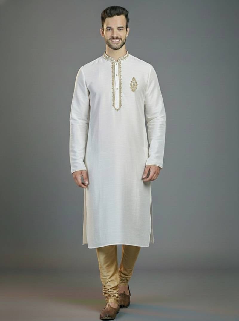 White embroidery dupion silk kurta set