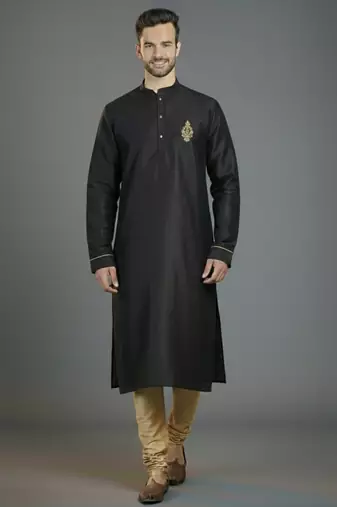 Black embroidery dupion silk kurta set