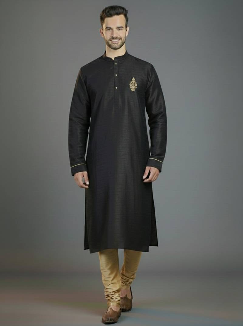 Black embroidery dupion silk kurta set