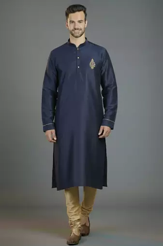 Navy embroidery dupion silk kurta set