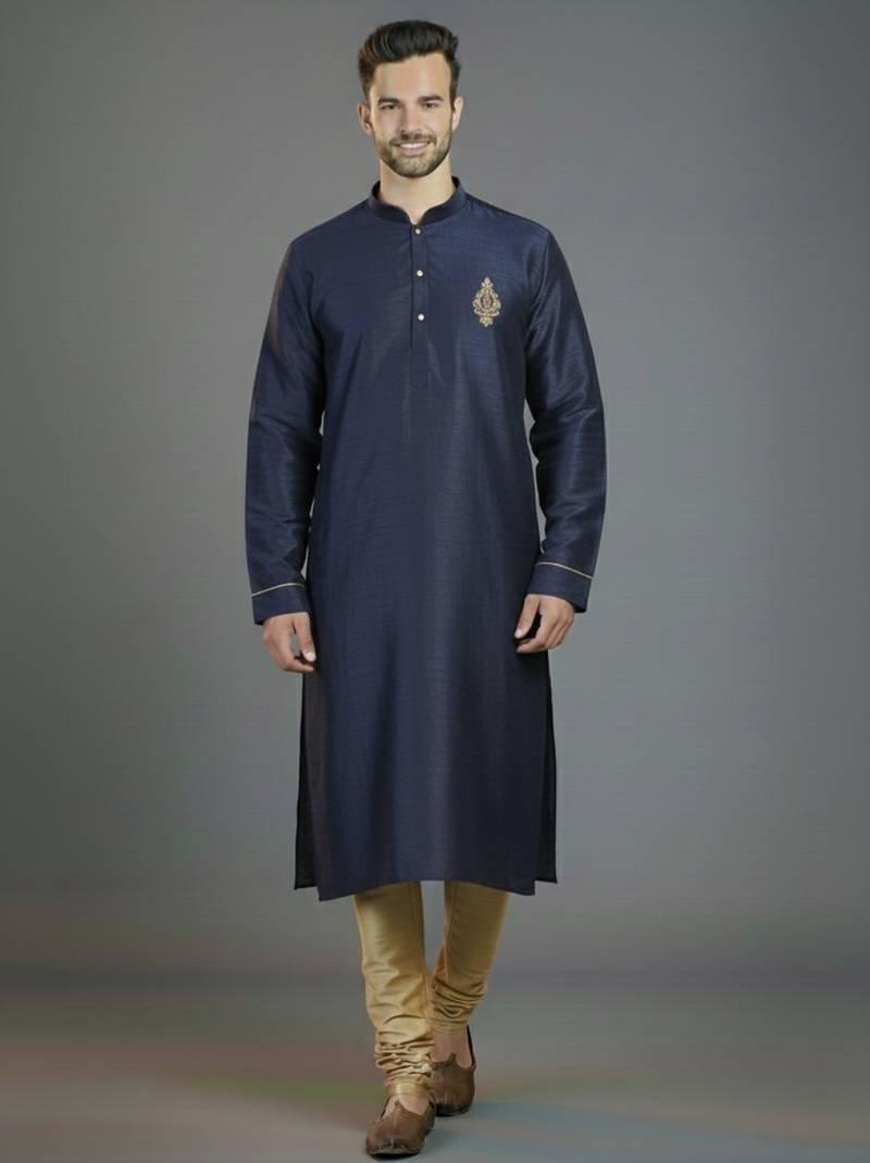 Navy embroidery dupion silk kurta set