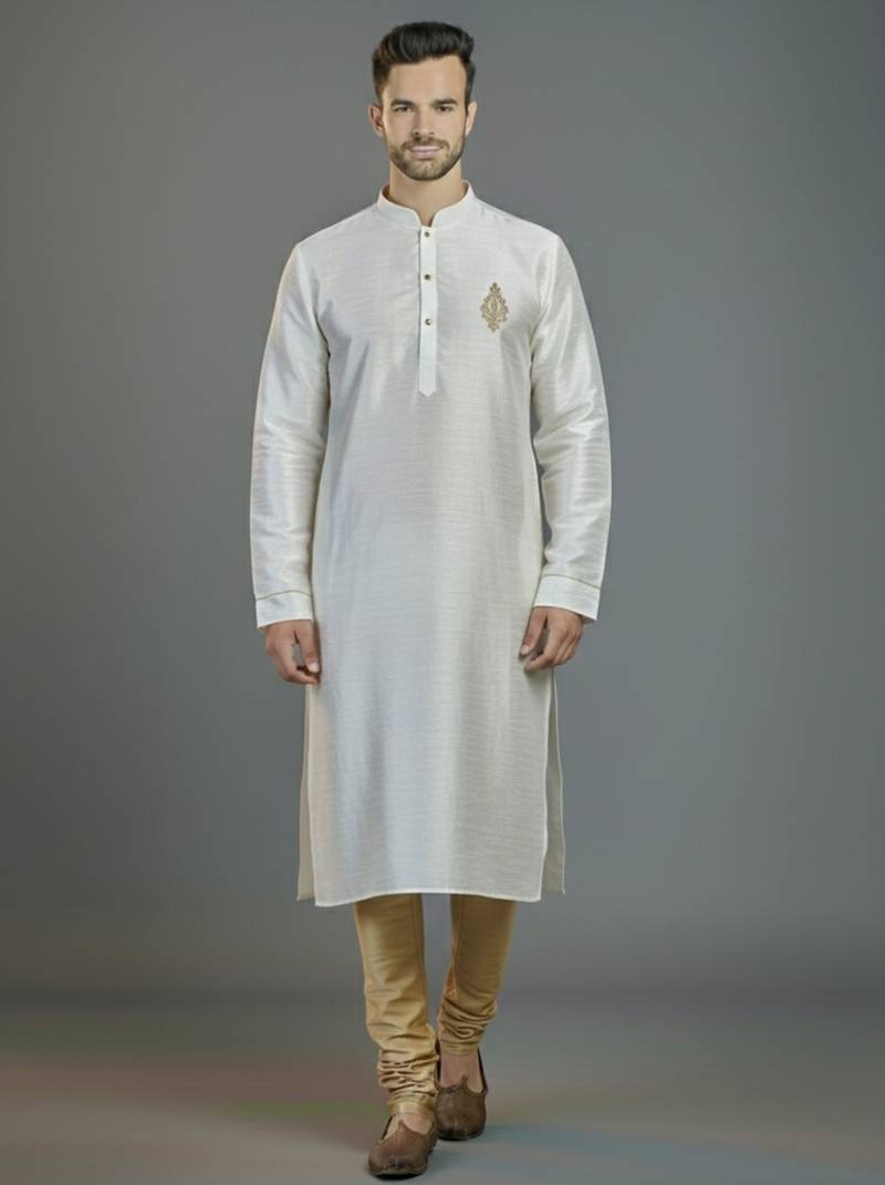 White embroidery dupion silk kurta set