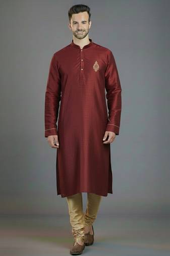 Maroon  embroidery dupion silk kurta set