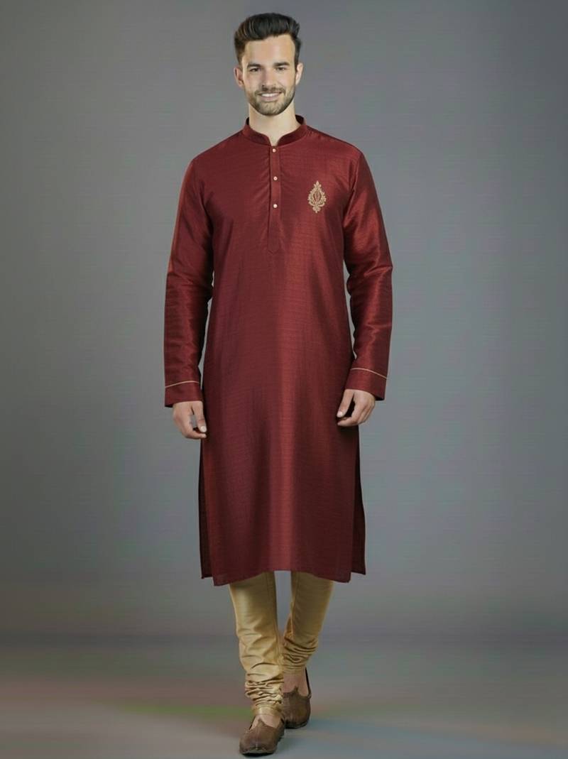 Maroon  embroidery dupion silk kurta set