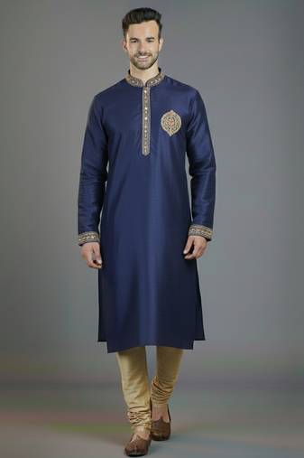 Royal blue embroidery dupion silk kurta set