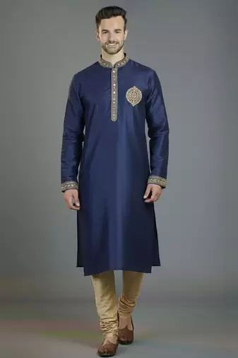 Royal blue embroidery dupion silk kurta set