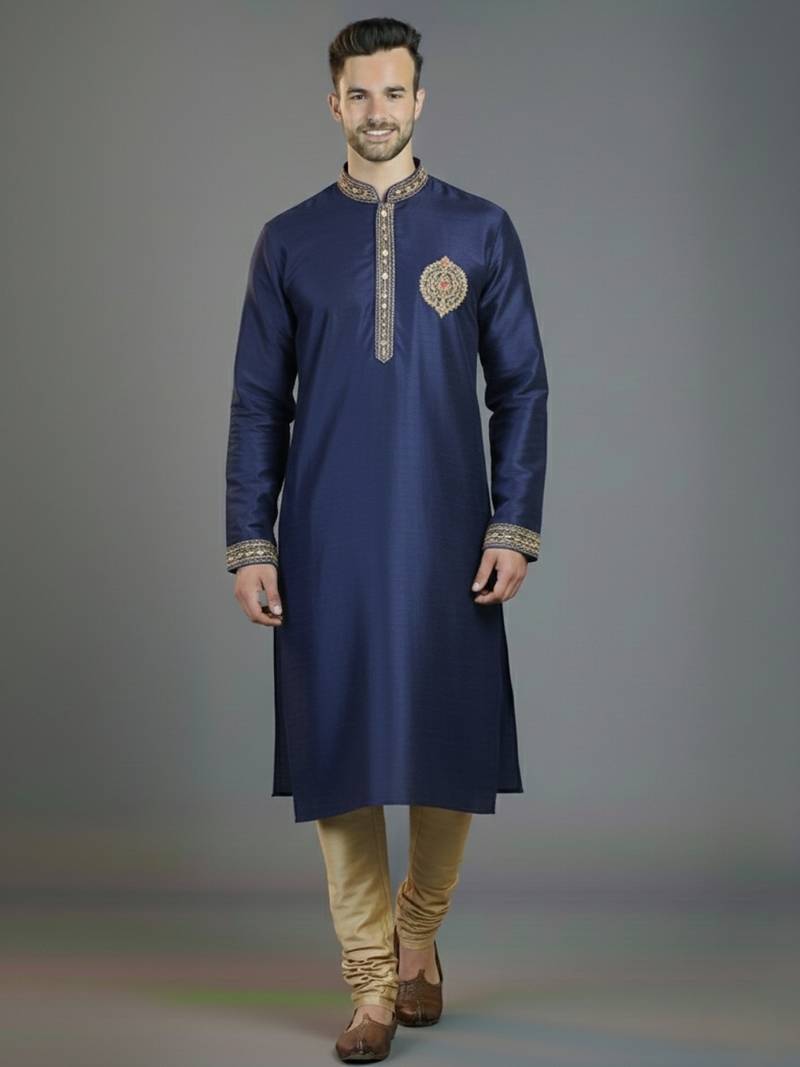Royal blue embroidery dupion silk kurta set