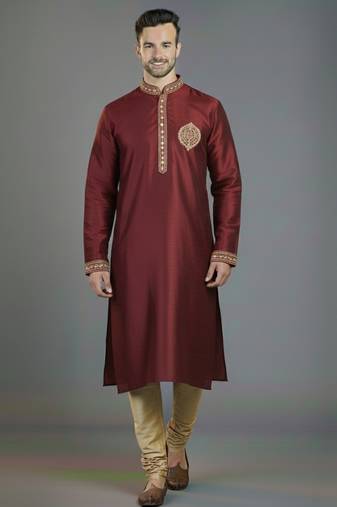 Maroon embroidery dupion silk kurta set