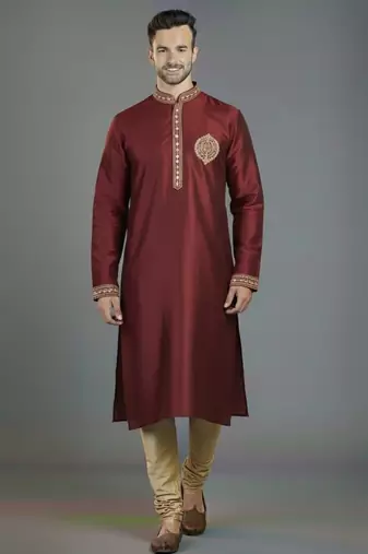 Maroon embroidery dupion silk kurta set