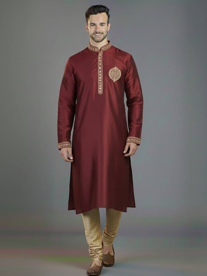 Maroon embroidery dupion silk kurta set