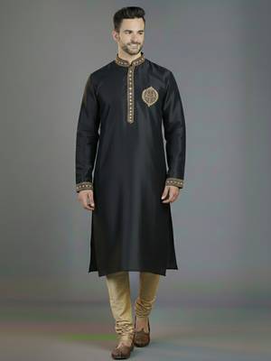 Black embroidery dupion silk kurta set 1