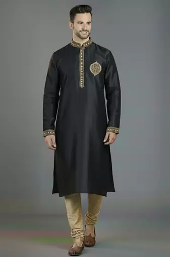 Black embroidery dupion silk kurta set