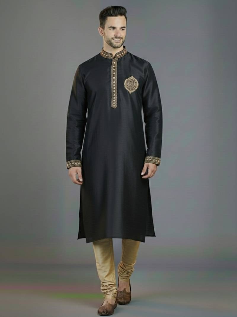 Black embroidery dupion silk kurta set