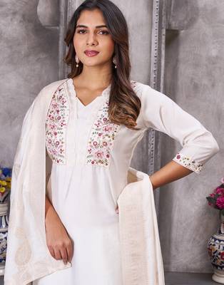 White Color Embroidery Sequins With Hand Work Roman Silk Kurti Pent Set. 2