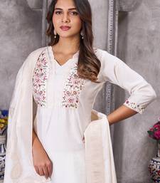 White Color Embroidery Sequins With Hand Work Roman Silk Kurti pant Set.
