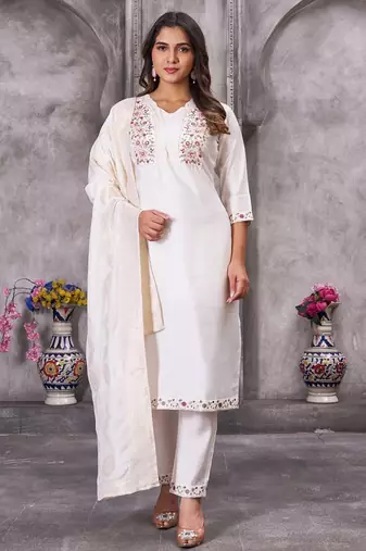 White Color Embroidery Sequins With Hand Work Roman Silk Kurti pant Set.