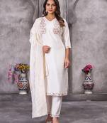 White Color Embroidery Sequins With Hand Work Roman Silk Kurti pant Set.
