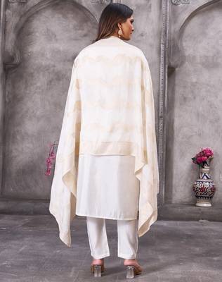 White Color Embroidery Sequins With Hand Work Roman Silk Kurti Pent Set. 3