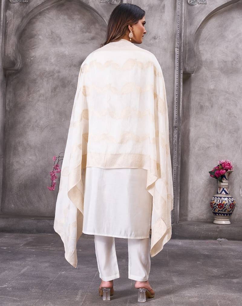 White Color Embroidery Sequins With Hand Work Roman Silk Kurti pant Set.