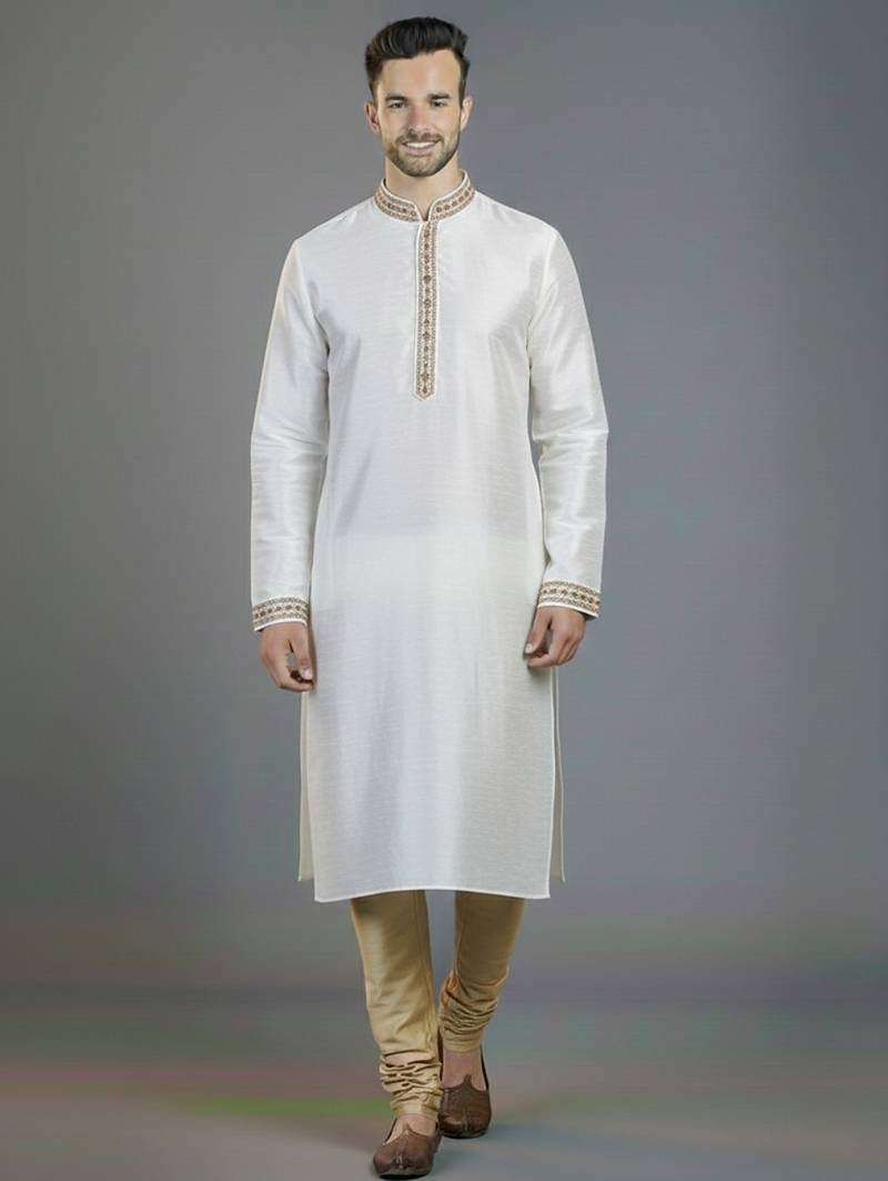 White embroidery dupion silk kurta set