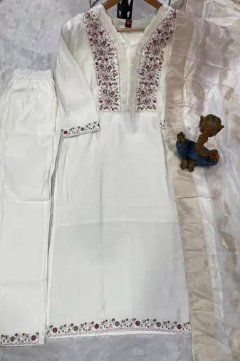 White Color Embroidery Sequins With Hand Work Roman Silk Kurti Pent Set.