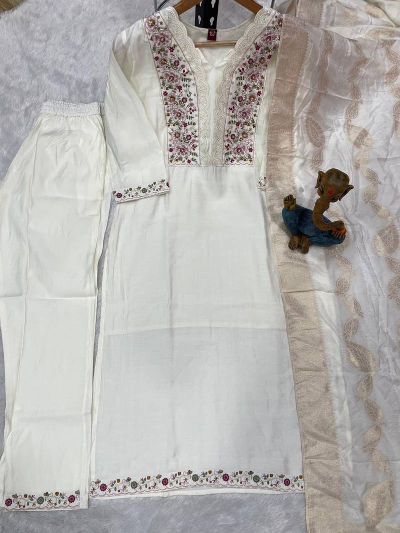 White Color Embroidery Sequins With Hand Work Roman Silk Kurti pant Set.