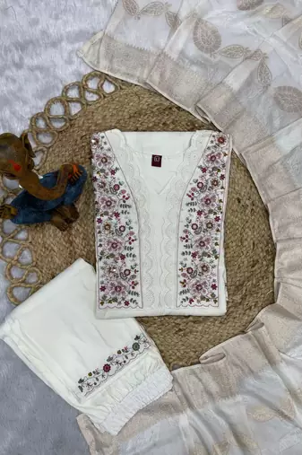 White Color Embroidery Sequins With Hand Work Roman Silk Kurti Pent Set.