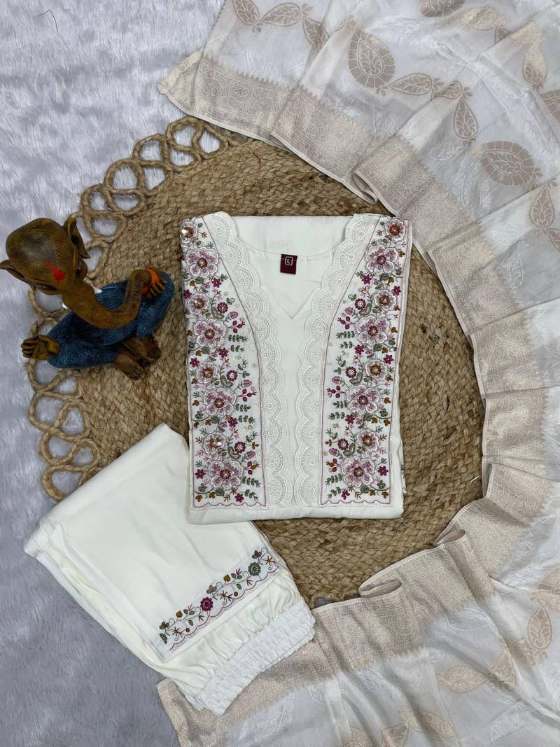 White Color Embroidery Sequins With Hand Work Roman Silk Kurti pant Set.