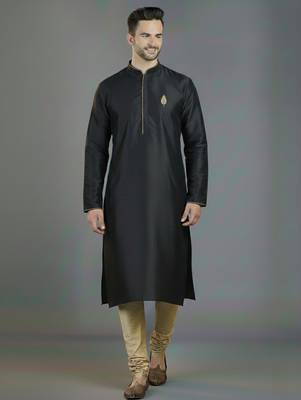 Black embroidery dupion silk kurta set 1