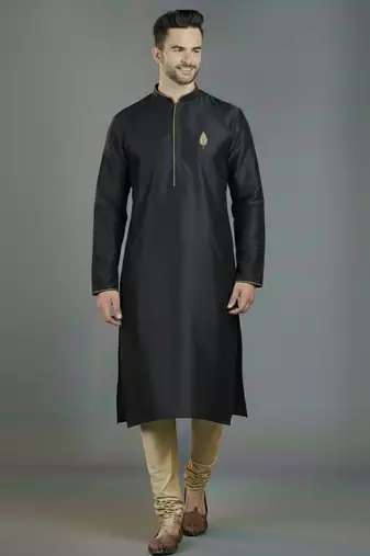 Black embroidery dupion silk kurta set